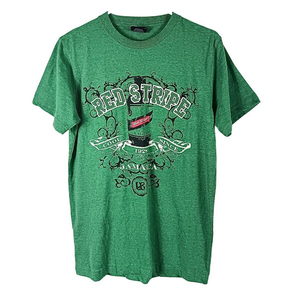 Red Stripe Jamaica Lager Beer T Shirt Mens Medium Green Short Sleeve Applique - Picture 1 of 5